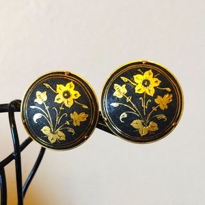 Damascene Floral Gold and Black Clip On Earrings